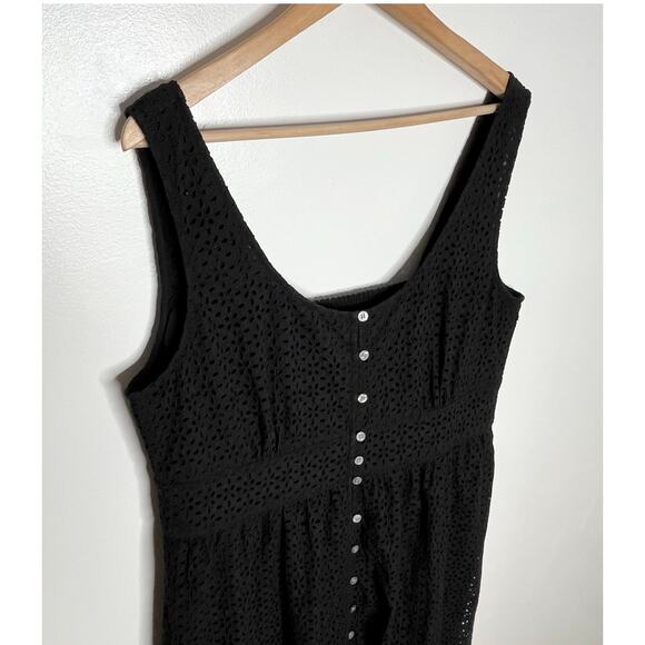 J. Crew Button Front Eyelet Midi Dress Womens 16 Black Cotton Summer Smocked - Picture 5 of 8